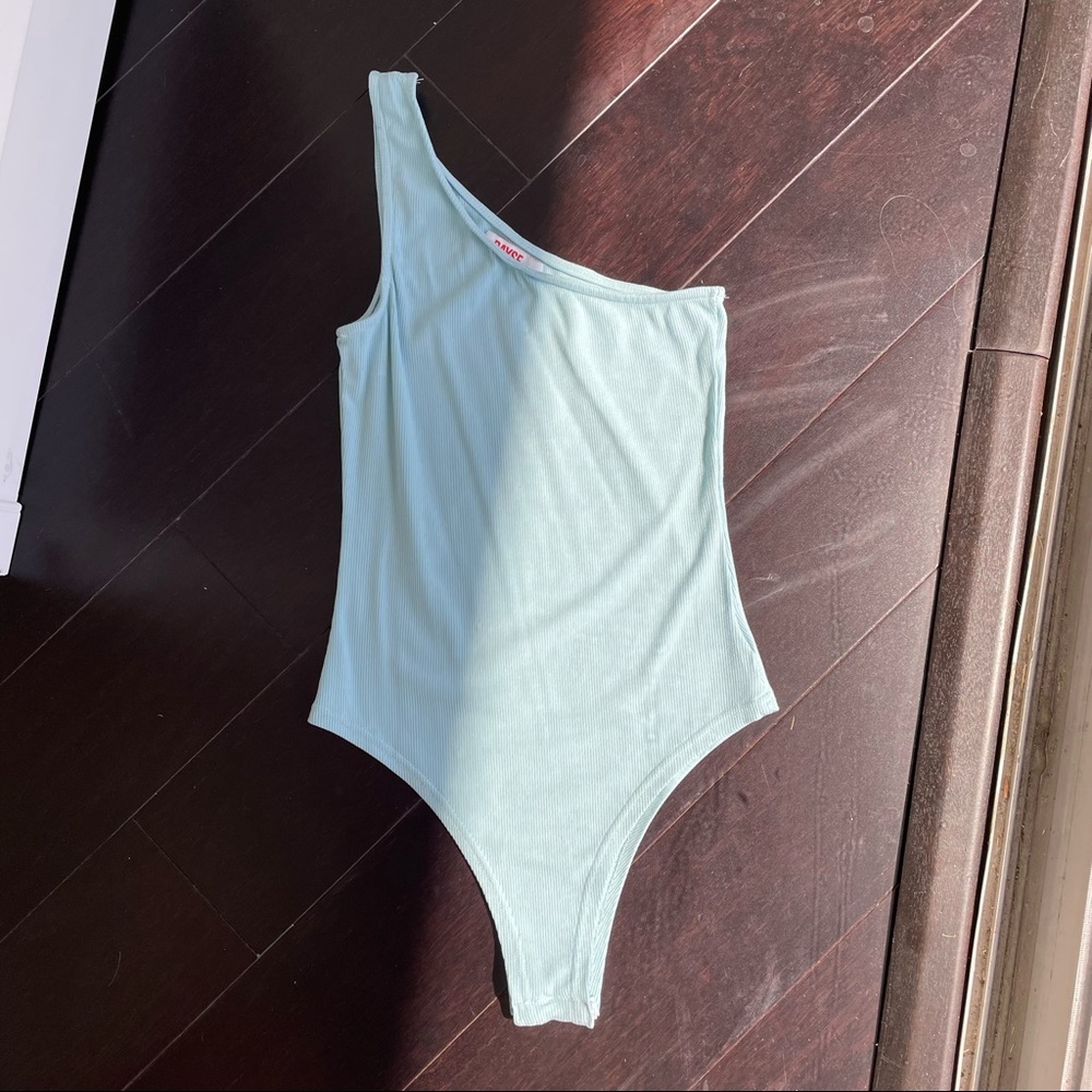 Light Blue Ribbed One Shoulder Bodysuit